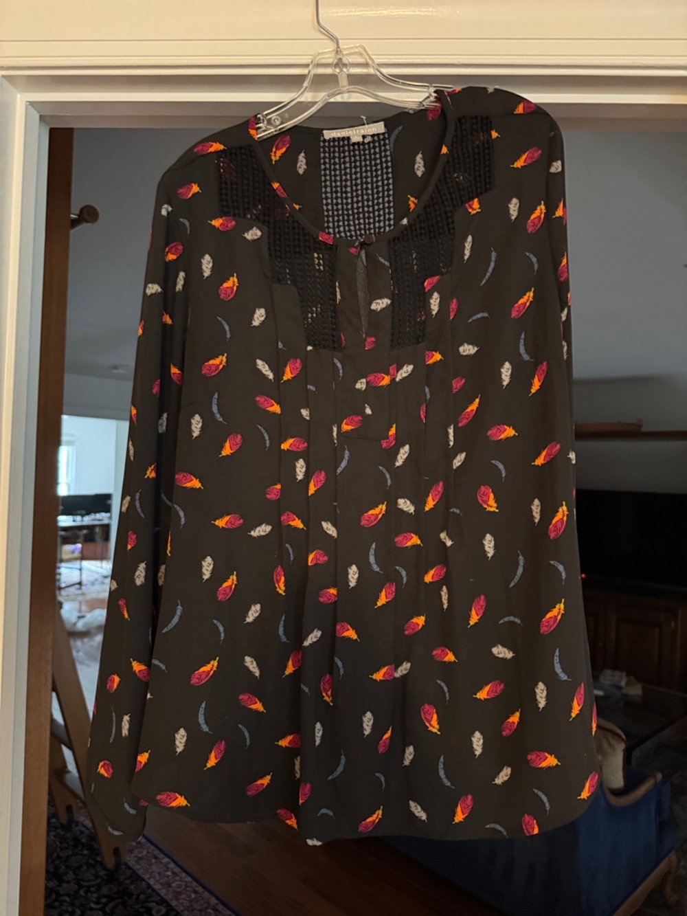 Daniel Rainn Black Blouse with Multicolor Feather Print